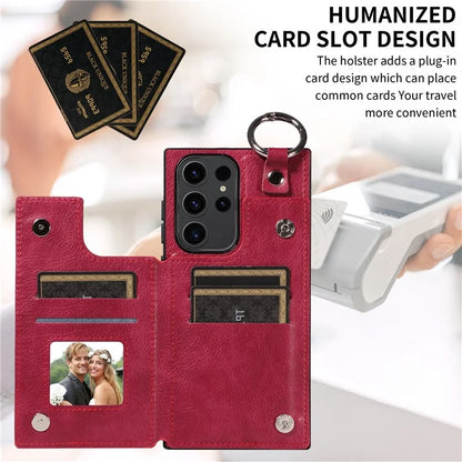 003 For Samsung Galaxy S23 Ultra Case Ring Buckle Card Holder Leather Phone Back Cover Litchi Texture