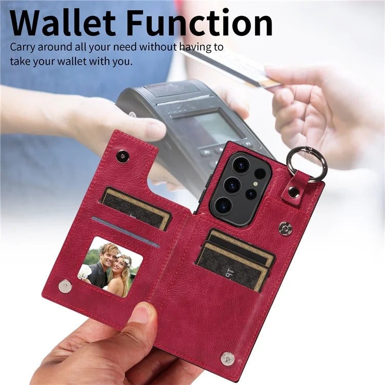 003 For Samsung Galaxy S23 Ultra Case Ring Buckle Card Holder Leather Phone Back Cover Litchi Texture
