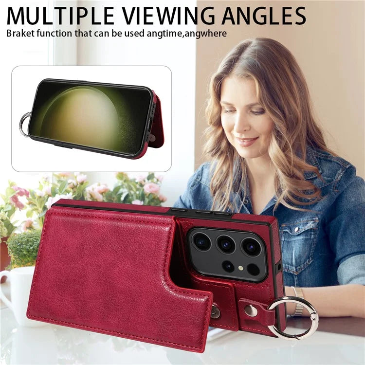 003 For Samsung Galaxy S23 Ultra Case Ring Buckle Card Holder Leather Phone Back Cover Litchi Texture