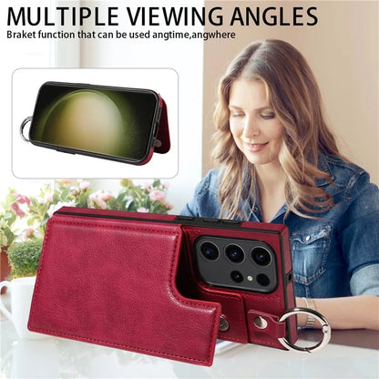 003 For Samsung Galaxy S23 Ultra Case Ring Buckle Card Holder Leather Phone Back Cover Litchi Texture