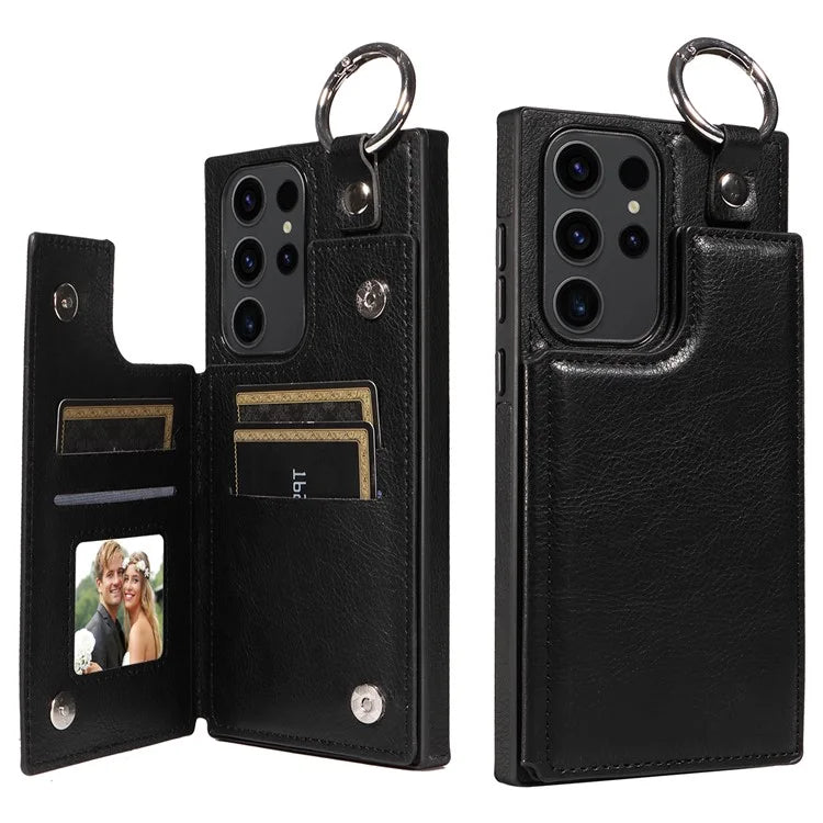 003 For Samsung Galaxy S23 Ultra Case Ring Buckle Card Holder Leather Phone Back Cover Litchi Texture