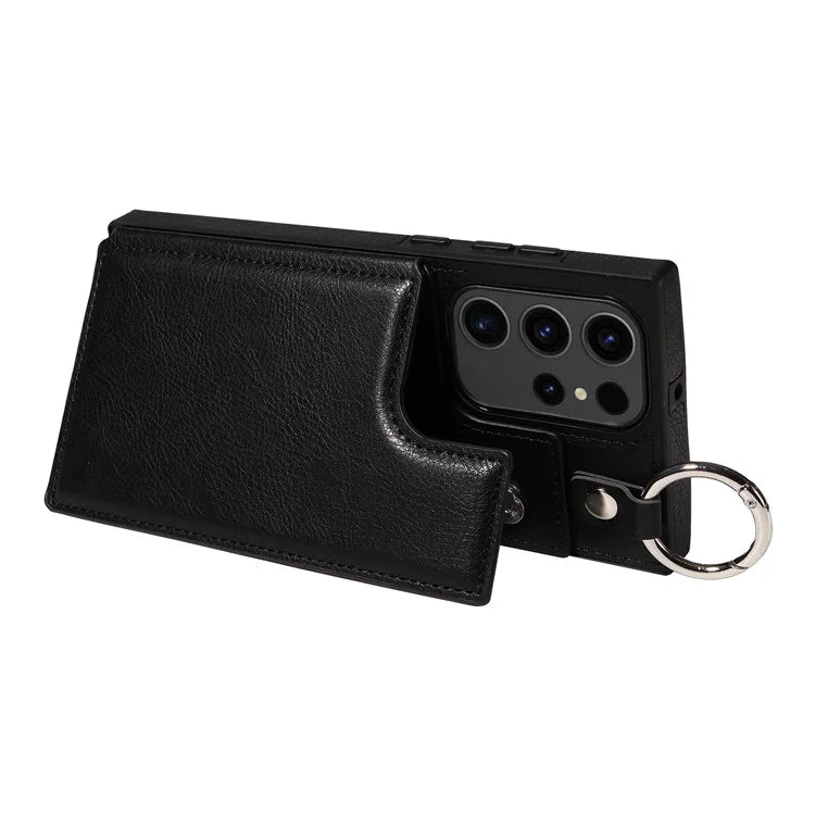 003 For Samsung Galaxy S23 Ultra Case Ring Buckle Card Holder Leather Phone Back Cover Litchi Texture