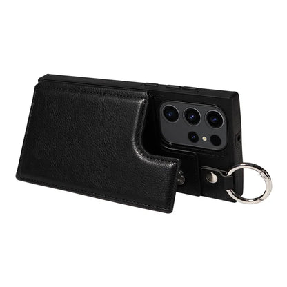 003 For Samsung Galaxy S23 Ultra Case Ring Buckle Card Holder Leather Phone Back Cover Litchi Texture