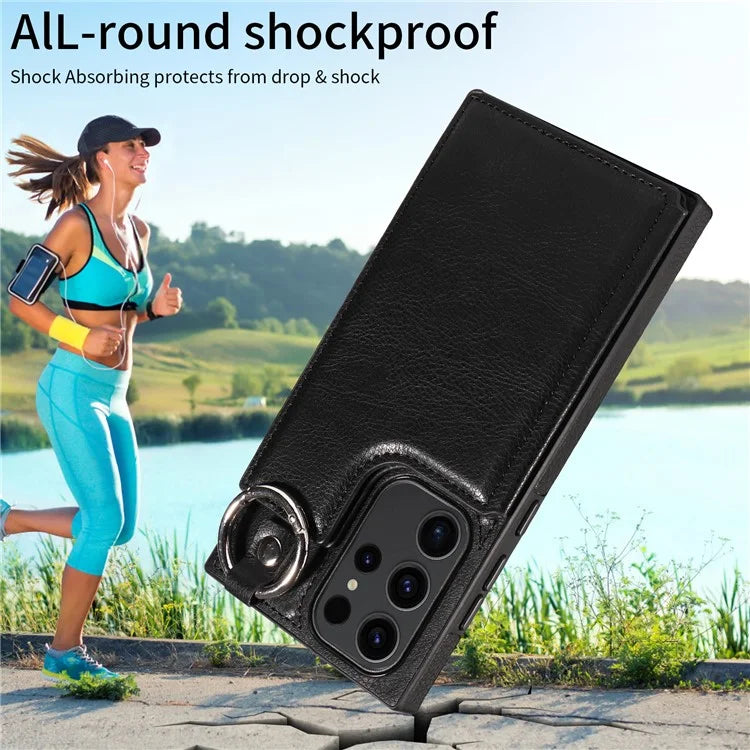 003 For Samsung Galaxy S23 Ultra Case Ring Buckle Card Holder Leather Phone Back Cover Litchi Texture