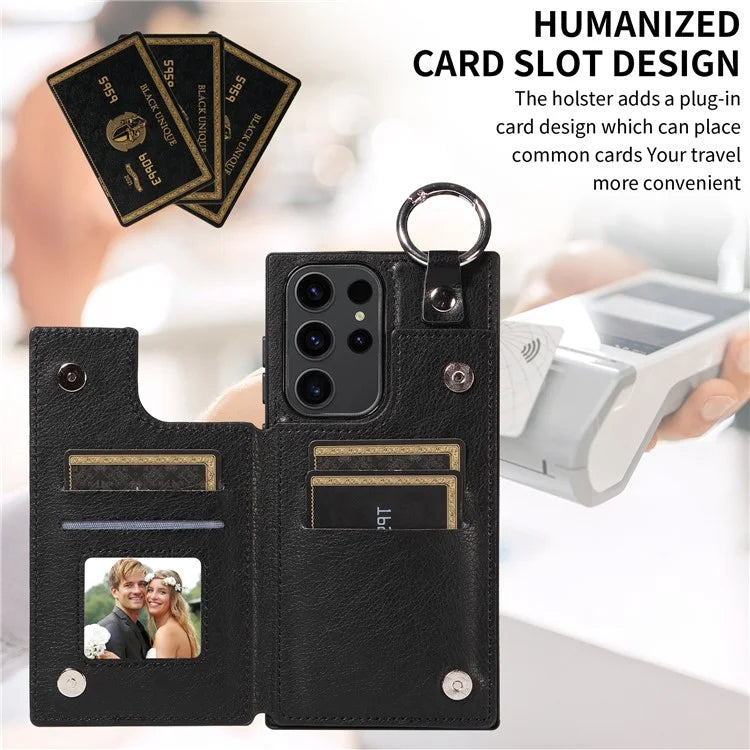 003 For Samsung Galaxy S23 Ultra Case Ring Buckle Card Holder Leather Phone Back Cover Litchi Texture