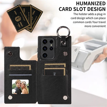 003 For Samsung Galaxy S23 Ultra Case Ring Buckle Card Holder Leather Phone Back Cover Litchi Texture