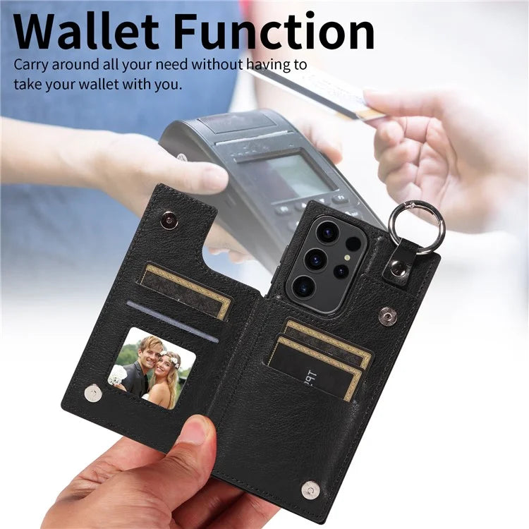 003 For Samsung Galaxy S23 Ultra Case Ring Buckle Card Holder Leather Phone Back Cover Litchi Texture
