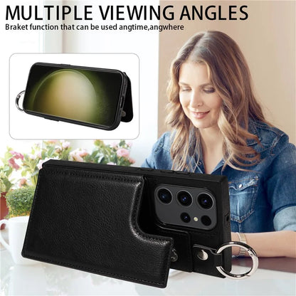 003 For Samsung Galaxy S23 Ultra Case Ring Buckle Card Holder Leather Phone Back Cover Litchi Texture