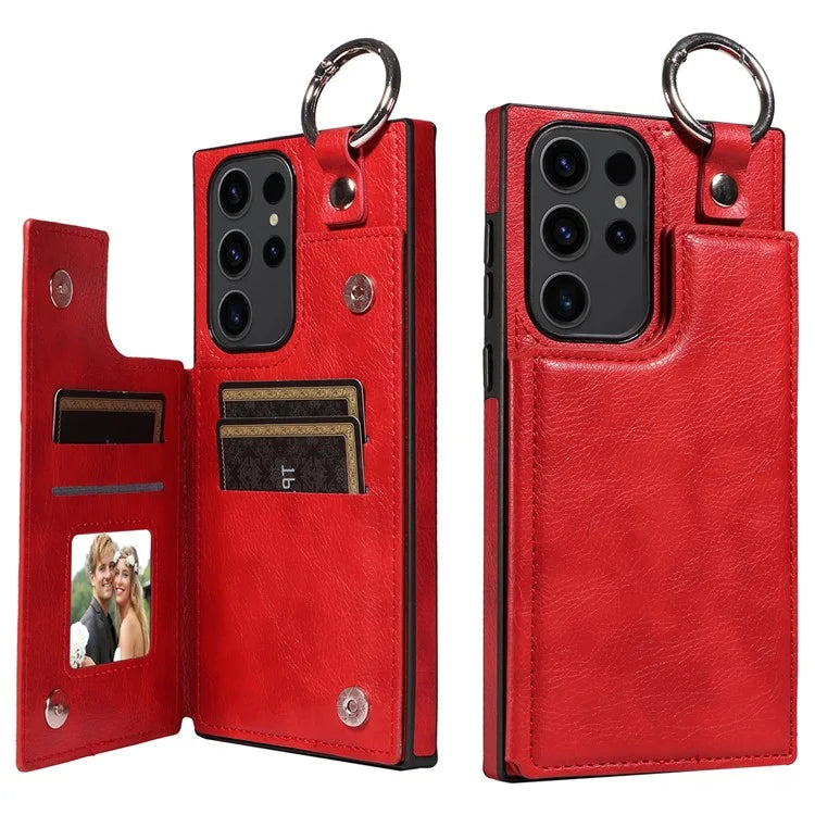 003 For Samsung Galaxy S23 Ultra Case Ring Buckle Card Holder Leather Phone Back Cover Litchi Texture