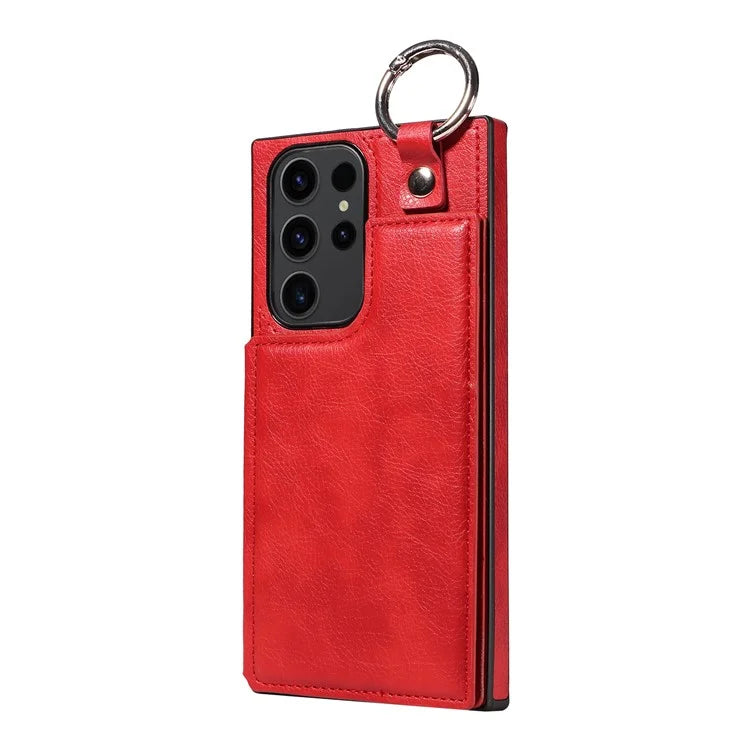 003 For Samsung Galaxy S23 Ultra Case Ring Buckle Card Holder Leather Phone Back Cover Litchi Texture