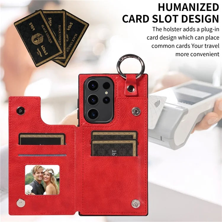 003 For Samsung Galaxy S23 Ultra Case Ring Buckle Card Holder Leather Phone Back Cover Litchi Texture