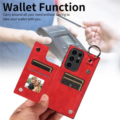 003 For Samsung Galaxy S23 Ultra Case Ring Buckle Card Holder Leather Phone Back Cover Litchi Texture