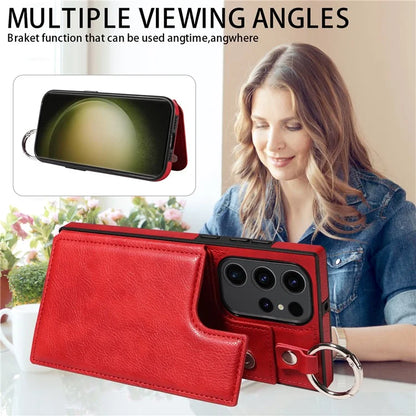 003 For Samsung Galaxy S23 Ultra Case Ring Buckle Card Holder Leather Phone Back Cover Litchi Texture