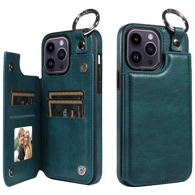 003 For iPhone 14 Pro Max Case PU Leather Card Holder Kicktand Cell Phone Cover Ring Buckle