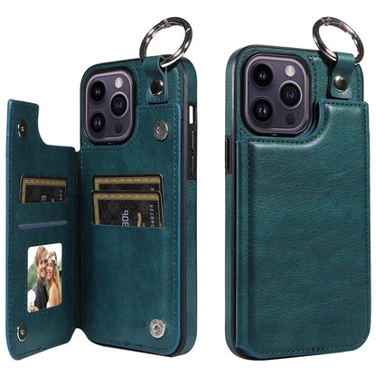 003 For iPhone 14 Pro Max Case PU Leather Card Holder Kicktand Cell Phone Cover Ring Buckle