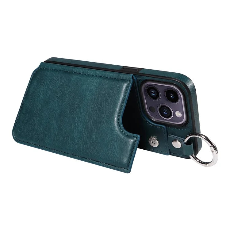 003 For iPhone 14 Pro Max Case PU Leather Card Holder Kicktand Cell Phone Cover Ring Buckle