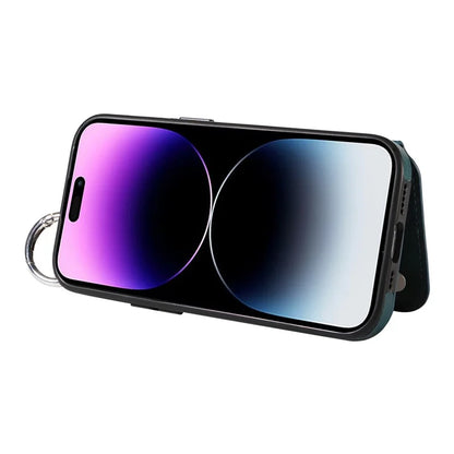 003 For iPhone 14 Pro Max Case PU Leather Card Holder Kicktand Cell Phone Cover Ring Buckle