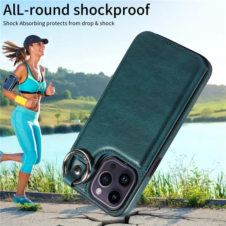 003 For iPhone 14 Pro Max Case PU Leather Card Holder Kicktand Cell Phone Cover Ring Buckle