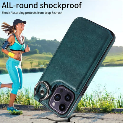 003 For iPhone 14 Pro Max Case PU Leather Card Holder Kicktand Cell Phone Cover Ring Buckle