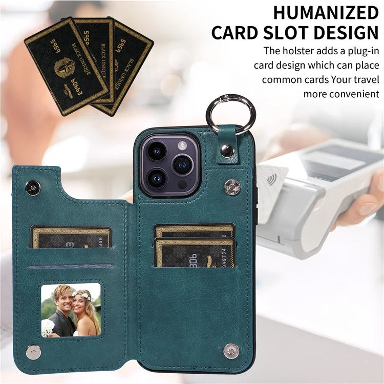 003 For iPhone 14 Pro Max Case PU Leather Card Holder Kicktand Cell Phone Cover Ring Buckle