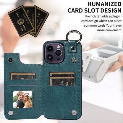 003 For iPhone 14 Pro Max Case PU Leather Card Holder Kicktand Cell Phone Cover Ring Buckle