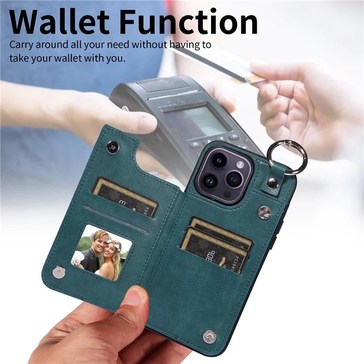 003 For iPhone 14 Pro Max Case PU Leather Card Holder Kicktand Cell Phone Cover Ring Buckle