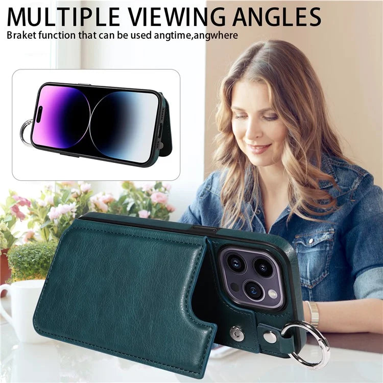 003 For iPhone 14 Pro Max Case PU Leather Card Holder Kicktand Cell Phone Cover Ring Buckle