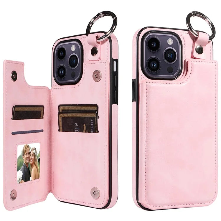 003 For iPhone 14 Pro Max Case PU Leather Card Holder Kicktand Cell Phone Cover Ring Buckle