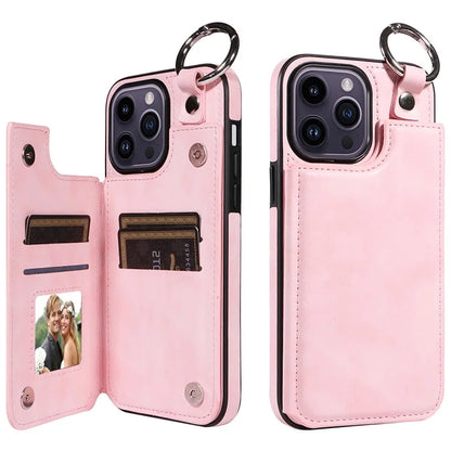 003 For iPhone 14 Pro Max Case PU Leather Card Holder Kicktand Cell Phone Cover Ring Buckle