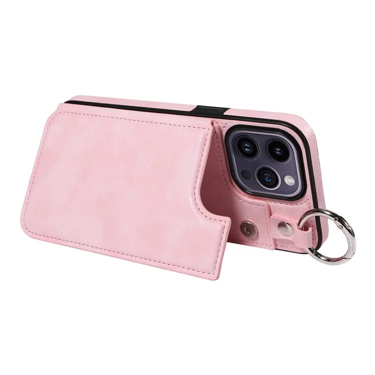 003 For iPhone 14 Pro Max Case PU Leather Card Holder Kicktand Cell Phone Cover Ring Buckle