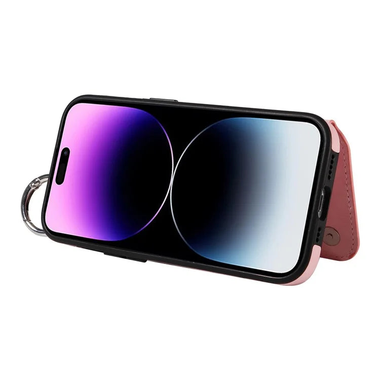 003 For iPhone 14 Pro Max Case PU Leather Card Holder Kicktand Cell Phone Cover Ring Buckle