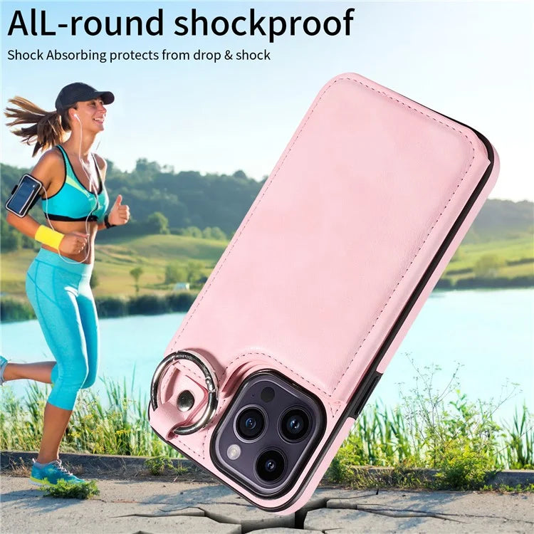 003 For iPhone 14 Pro Max Case PU Leather Card Holder Kicktand Cell Phone Cover Ring Buckle