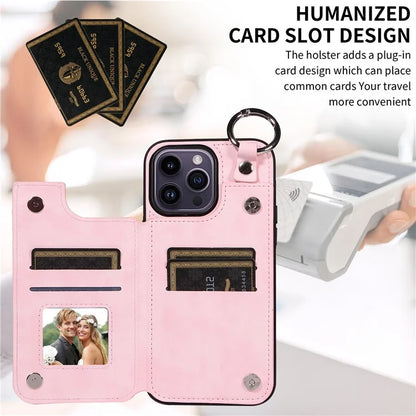 003 For iPhone 14 Pro Max Case PU Leather Card Holder Kicktand Cell Phone Cover Ring Buckle