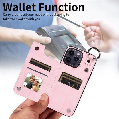 003 For iPhone 14 Pro Max Case PU Leather Card Holder Kicktand Cell Phone Cover Ring Buckle