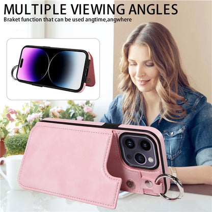 003 For iPhone 14 Pro Max Case PU Leather Card Holder Kicktand Cell Phone Cover Ring Buckle