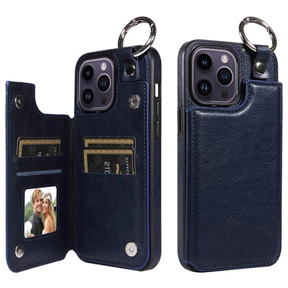 003 For iPhone 14 Pro Max Case PU Leather Card Holder Kicktand Cell Phone Cover Ring Buckle