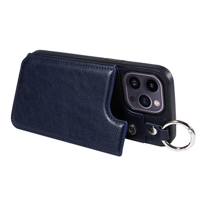 003 For iPhone 14 Pro Max Case PU Leather Card Holder Kicktand Cell Phone Cover Ring Buckle