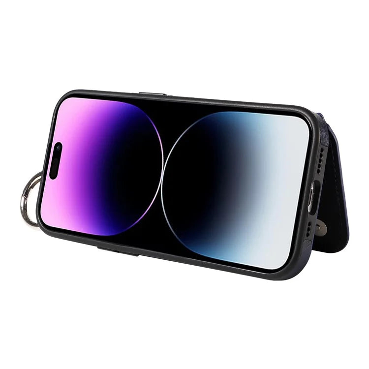 003 For iPhone 14 Pro Max Case PU Leather Card Holder Kicktand Cell Phone Cover Ring Buckle