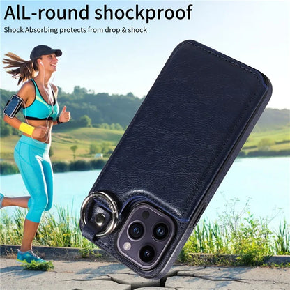 003 For iPhone 14 Pro Max Case PU Leather Card Holder Kicktand Cell Phone Cover Ring Buckle