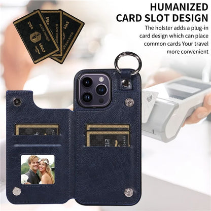 003 For iPhone 14 Pro Max Case PU Leather Card Holder Kicktand Cell Phone Cover Ring Buckle