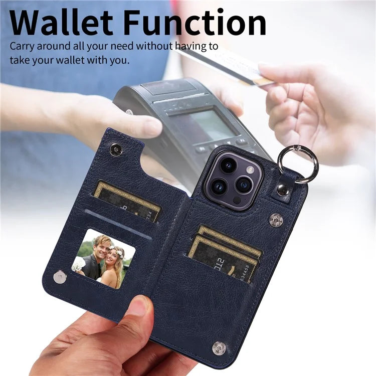 003 For iPhone 14 Pro Max Case PU Leather Card Holder Kicktand Cell Phone Cover Ring Buckle