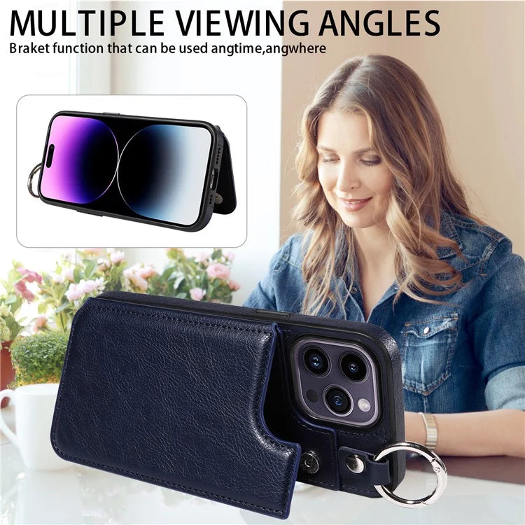 003 For iPhone 14 Pro Max Case PU Leather Card Holder Kicktand Cell Phone Cover Ring Buckle