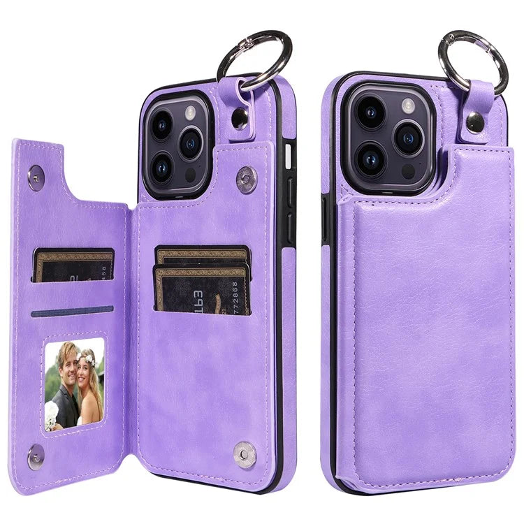 003 For iPhone 14 Pro Max Case PU Leather Card Holder Kicktand Cell Phone Cover Ring Buckle