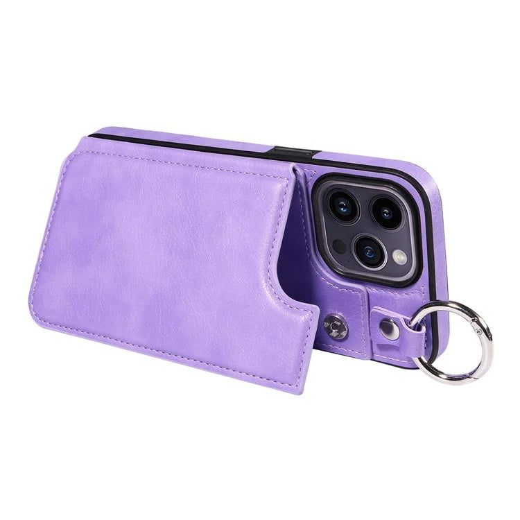 003 For iPhone 14 Pro Max Case PU Leather Card Holder Kicktand Cell Phone Cover Ring Buckle