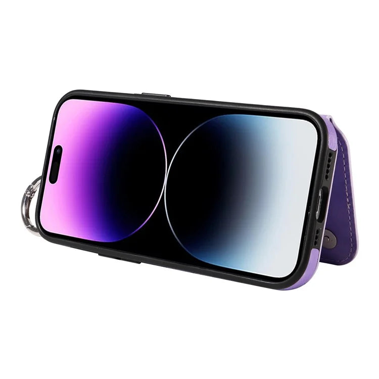 003 For iPhone 14 Pro Max Case PU Leather Card Holder Kicktand Cell Phone Cover Ring Buckle