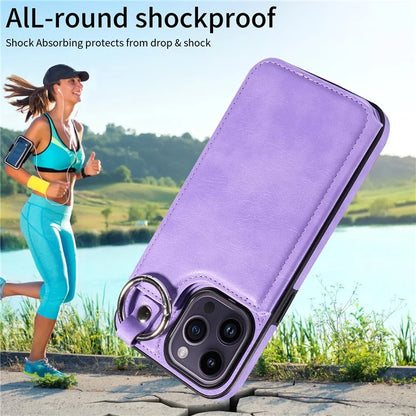 003 For iPhone 14 Pro Max Case PU Leather Card Holder Kicktand Cell Phone Cover Ring Buckle