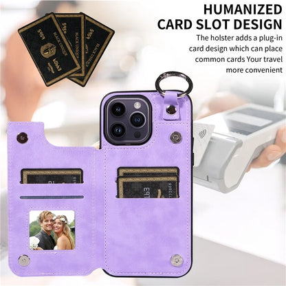 003 For iPhone 14 Pro Max Case PU Leather Card Holder Kicktand Cell Phone Cover Ring Buckle