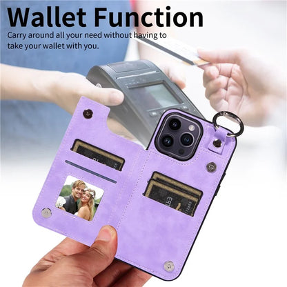 003 For iPhone 14 Pro Max Case PU Leather Card Holder Kicktand Cell Phone Cover Ring Buckle