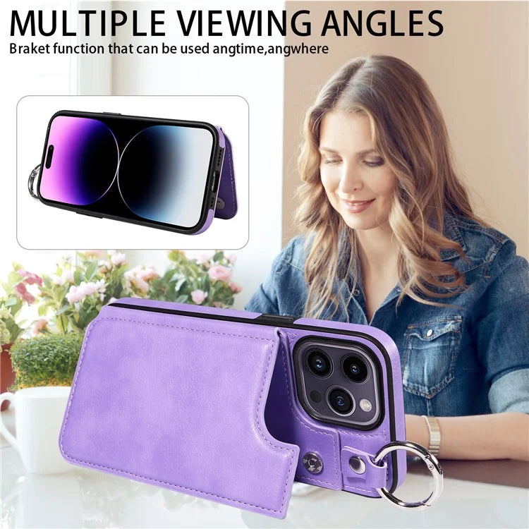 003 For iPhone 14 Pro Max Case PU Leather Card Holder Kicktand Cell Phone Cover Ring Buckle