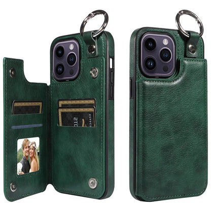 003 For iPhone 14 Pro Max Case PU Leather Card Holder Kicktand Cell Phone Cover Ring Buckle